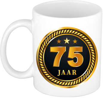 Bellatio Decorations 75 jaar cadeau mok / beker medaille goud zwart voor verjaardag/ jubileum