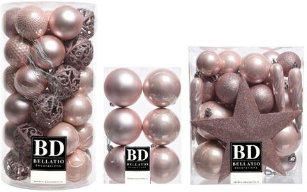 Bellatio Decorations 76x stuks kunststof kerstballen met ster piek lichtroze (blush pink) mix