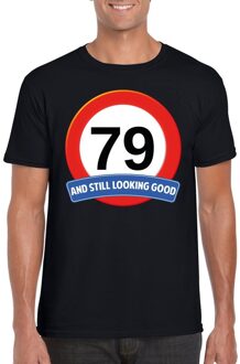 Bellatio Decorations 79 jaar and still looking good - t-shirt verkeersbord print - zwart - heren - verjaardag