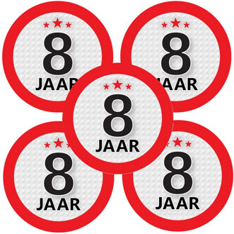 Bellatio Decorations 8 jaar leeftijd sticker - 5x - rond - Dia 9 cm - 8 jaar verjaardag - jubileum - leeftijd versiering