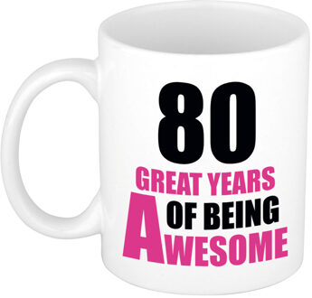 Bellatio Decorations 80 great years of being awesome cadeau mok / beker wit en roze - verjaardagscadeau 80 jaar - feest mokken