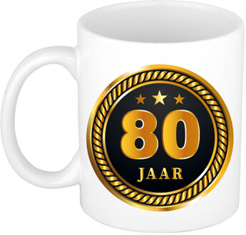 Bellatio Decorations 80 jaar jubileum/ verjaardag cadeau beker met zwart/ gouden medaille - feest mokken