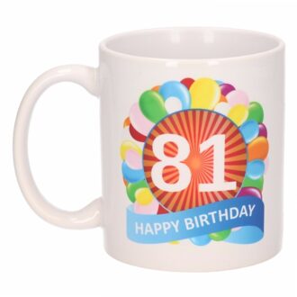 Bellatio Decorations 81 jaar Verjaardag koffiemok - cadeau beker - feestelijke ballonnen print - 300 ml - keramiek - wit