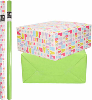 Bellatio Decorations 8x Rollen kraft inpakpapier happy birthday pakket - groen 200 x 70 cm