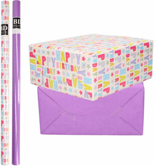 Bellatio Decorations 8x Rollen kraft inpakpapier happy birthday pakket - paars 200 x 70 cm