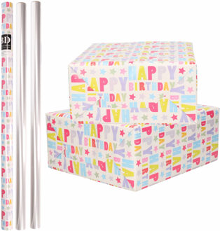 Bellatio Decorations 8x Rollen kraft inpakpapier happy birthday pakket - transparante folie 200 x 70 cm