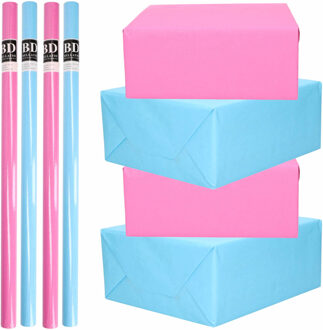 Bellatio Decorations 8x Rollen kraft inpakpapier pakket roze en blauw babyshower/geboorte/gender reveal 200 x 70 cm
