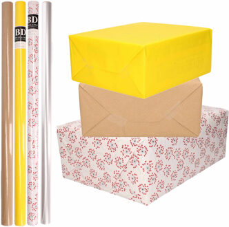 Bellatio Decorations 8x Rollen transparant folie/inpakpapier pakket - geel/bruin/wit met hartjes 200 x 70 cm