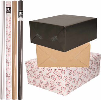 Bellatio Decorations 8x Rollen transparant folie/inpakpapier pakket - zwart/bruin/wit met hartjes 200 x 70 cm
