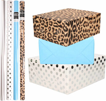 Bellatio Decorations 8x Rollen transparante folie/inpakpapier pakket - panterprint/blauw/wit met stippen 200 x 70 cm