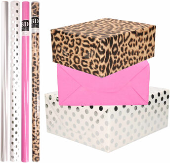 Bellatio Decorations 8x Rollen transparante folie/inpakpapier pakket - panterprint/roze/wit met stippen 200 x 70 cm