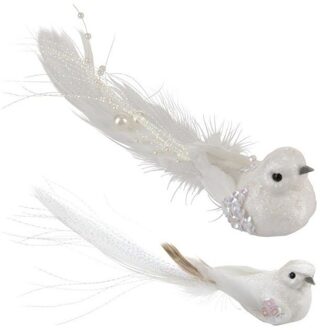 Bellatio Decorations 8x Witte vogeltjes met glitters en pailletten op clip - Kerstboomversiering/decoratie - Vogels op clip