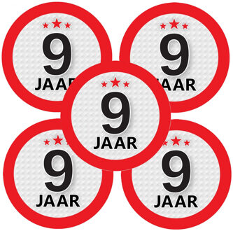 Bellatio Decorations 9 jaar leeftijd sticker - 5x - rond - Dia 9 cm - 9 jaar verjaardag - jubileum - leeftijd versiering
