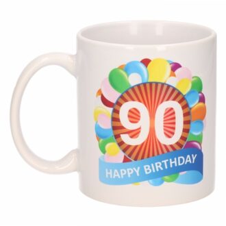 Bellatio Decorations 90 jaar Verjaardag koffiemok - cadeau beker - feestelijke ballonnen print - 300 ml - keramiek - wit