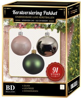 Bellatio Decorations 91 stuks Kerstballen mix zilver-groen-lichtroze voor 150 cm boom