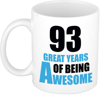 Bellatio Decorations 93 great years of being awesome cadeau mok / beker wit en blauw - verjaardagscadeau 93 jaar - feest mokken