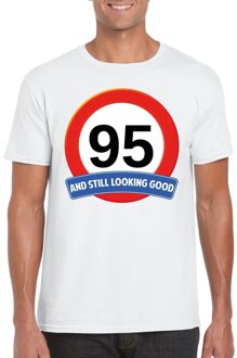 Bellatio Decorations 95 jaar and still looking good - t-shirt verkeersbord print - wit - heren - verjaardag