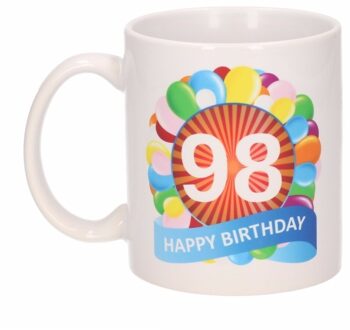 Bellatio Decorations 98 jaar Verjaardag koffiemok - cadeau beker - feestelijke ballonnen print - 300 ml - keramiek - wit