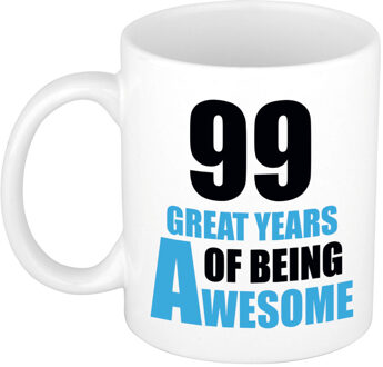 Bellatio Decorations 99 great years of being awesome cadeau mok / beker wit en blauw - verjaardagscadeau 99 jaar - feest mokken