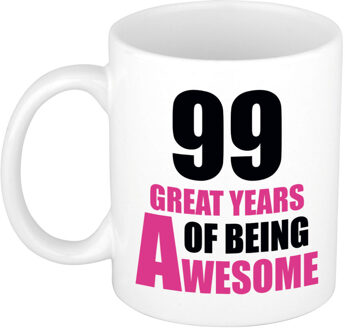 Bellatio Decorations 99 great years of being awesome cadeau mok / beker wit en roze - verjaardagscadeau 99 jaar - feest mokken