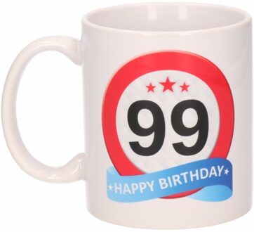 Bellatio Decorations 99 jaar Verjaardag koffiemok - cadeau beker - stopbord print - 300 ml - keramiek - wit