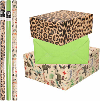 Bellatio Decorations 9x Rollen kraft inpakpapier jungle/panter pakket - dieren/luipaard/groen 200 x 70 cm