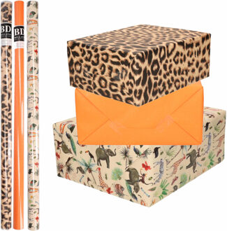 Bellatio Decorations 9x Rollen kraft inpakpapier jungle/panter pakket - dieren/luipaard/oranje 200 x 70 cm
