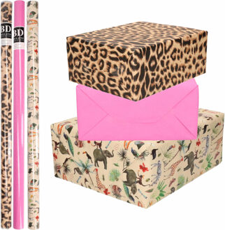 Bellatio Decorations 9x Rollen kraft inpakpapier jungle/panter pakket - dieren/luipaard/roze 200 x 70 cm