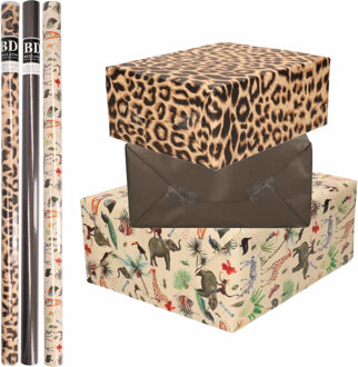 Bellatio Decorations 9x Rollen kraft inpakpapier jungle/panter pakket - dieren/luipaard/zwart 200 x 70 cm