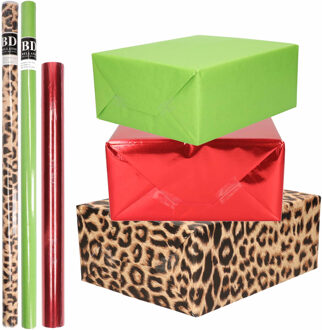 Bellatio Decorations 9x Rollen kraft inpakpapier pakket dierenprint/metallic rood en groen 200 x 70/50 cm