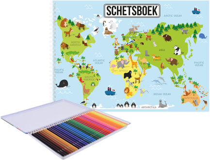 Bellatio Decorations A4 aarde/wereldmap schetsboek/ tekenboek/ kleurboek/ schetsblok wit papier met 36x kleurpotloden - Schetsboeken