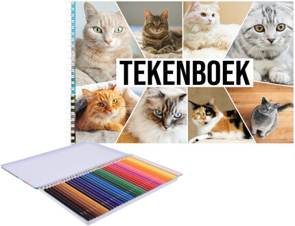 Bellatio Decorations A4 formaat katten schetsboek/ tekenboek/ kleurboek/ schetsblok wit papier met 36x kleurpotloden