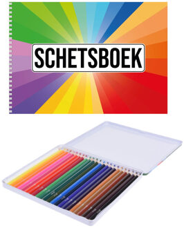 Bellatio Decorations A4 kleuren waaier schetsboek/ tekenboek/ kleurboek/ schetsblok wit papier met 24 kleurpotloden - Schetsboeken