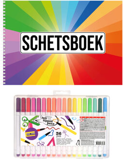 Bellatio Decorations A4 kleuren waaier schetsboek/ tekenboek/ kleurboek/ schetsblok wit papier met 36 stiften - Schetsboeken