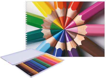 Bellatio Decorations A4 multi-colors schetsboek/ tekenboek/ kleurboek/ schetsblok wit papier met 36x kleurpotloden - Schetsboeken