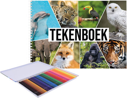 Bellatio Decorations A4 wilde dieren schetsboek/ tekenboek/ kleurboek/ schetsblok wit papier met 36x kleurpotloden