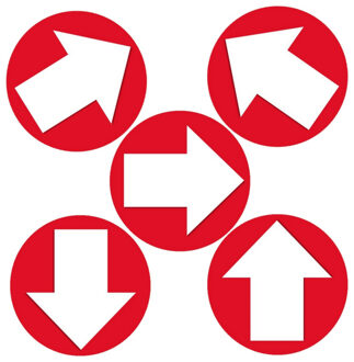 Bellatio Decorations Accent pijl sticker - Pakket van 5x stuks - Rond Dia 15 cm - rood met witte pijl - Richting/route aa