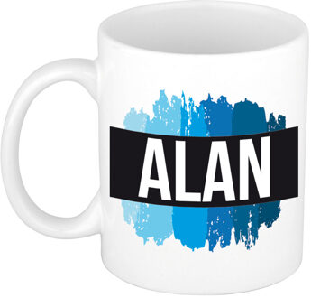 Bellatio Decorations Alan naam cadeau koffie mok - beker - met blauw verfstrepen - Cadeau collega - vaderdag
