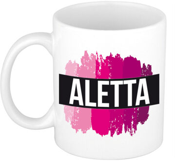 Bellatio Decorations Aletta naam cadeau koffie mok - beker - met roze verfstrepen - Cadeau collega - moederdag