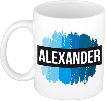 Bellatio Decorations Alexander naam cadeau koffie mok - beker - met blauw verfstrepen - Cadeau collega - vaderdag