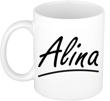 Bellatio Decorations Alina Naam koffiemok - beker - met sierlijke letters - wit - 300 ml - Cadeau - Dames