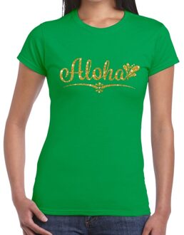 Bellatio Decorations Aloha goud glitter hawaii t-shirt groen dames XS