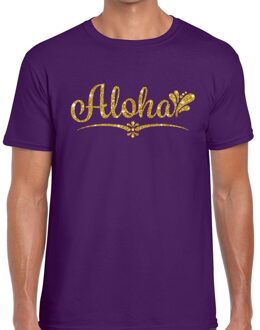 Bellatio Decorations Aloha goud glitter hawaii t-shirt paars heren L