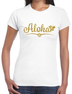 Bellatio Decorations Aloha goud glitter hawaii t-shirt wit dames XS