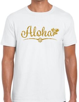 Bellatio Decorations Aloha goud glitter hawaii t-shirt wit heren 2XL