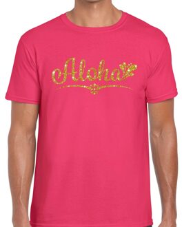 Bellatio Decorations Aloha gouden glitter hawaii t-shirt roze heren 2XL