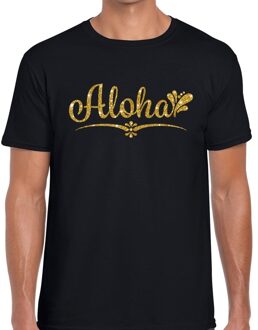 Bellatio Decorations Aloha gouden glitter hawaii t-shirt zwart heren 2XL