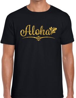 Bellatio Decorations Aloha gouden glitter hawaii t-shirt zwart heren