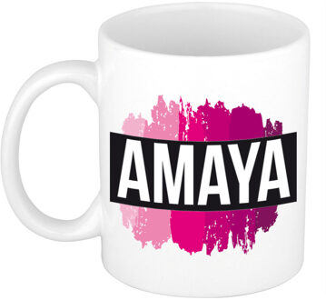 Bellatio Decorations Amaya naam cadeau koffie mok - beker - met roze verfstrepen - Cadeau collega - moederdag