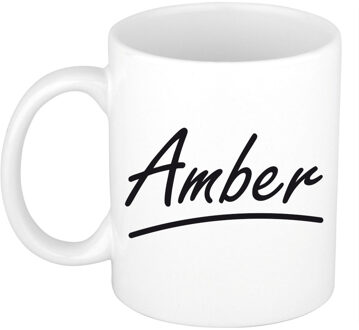 Bellatio Decorations Amber Naam koffiemok - beker - met sierlijke letters - wit - 300 ml - Cadeau - Dames